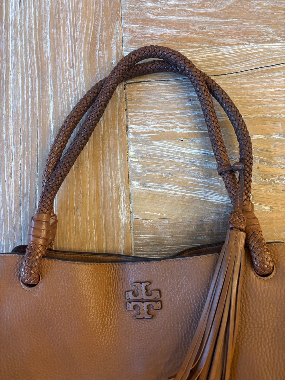 Tory Burch Cognac Braided-Handle Leather Shoulder Bag with Tassel - Picture 11 of 13